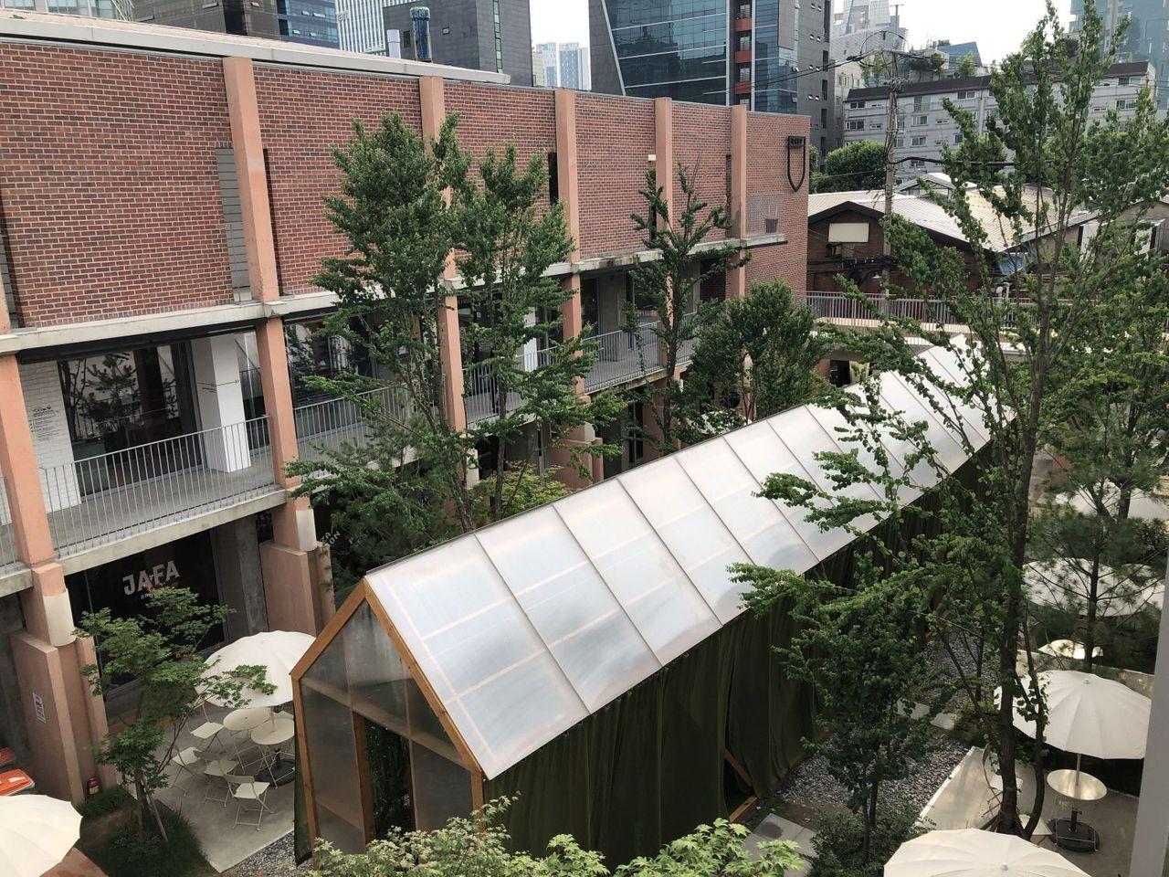 Cour intérieure de Seongsu Yeonbang avec des arbres et des parasols
